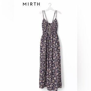 NWOT Mirth Navy Floral Cotton Maxi Dress Ruched Bodice Boho Dress Size L